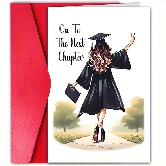 Graduation Card for Her  "On To The Next Chapter" Design  Red Envelope Included, Blank Inside  Perfect Gift for College or High School Graduates