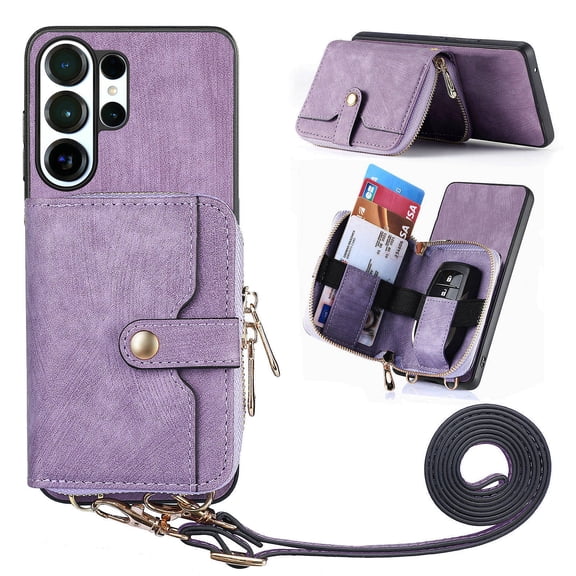 for Samsung Galaxy S25 Ultra Wallet Case, Crossbody Phone Purse with Card Holder for Women, Zipper PU Leather Carrying Cover Gift with Shoulder Strap Kickstand Anti-drop for S25 Ultra - Purple