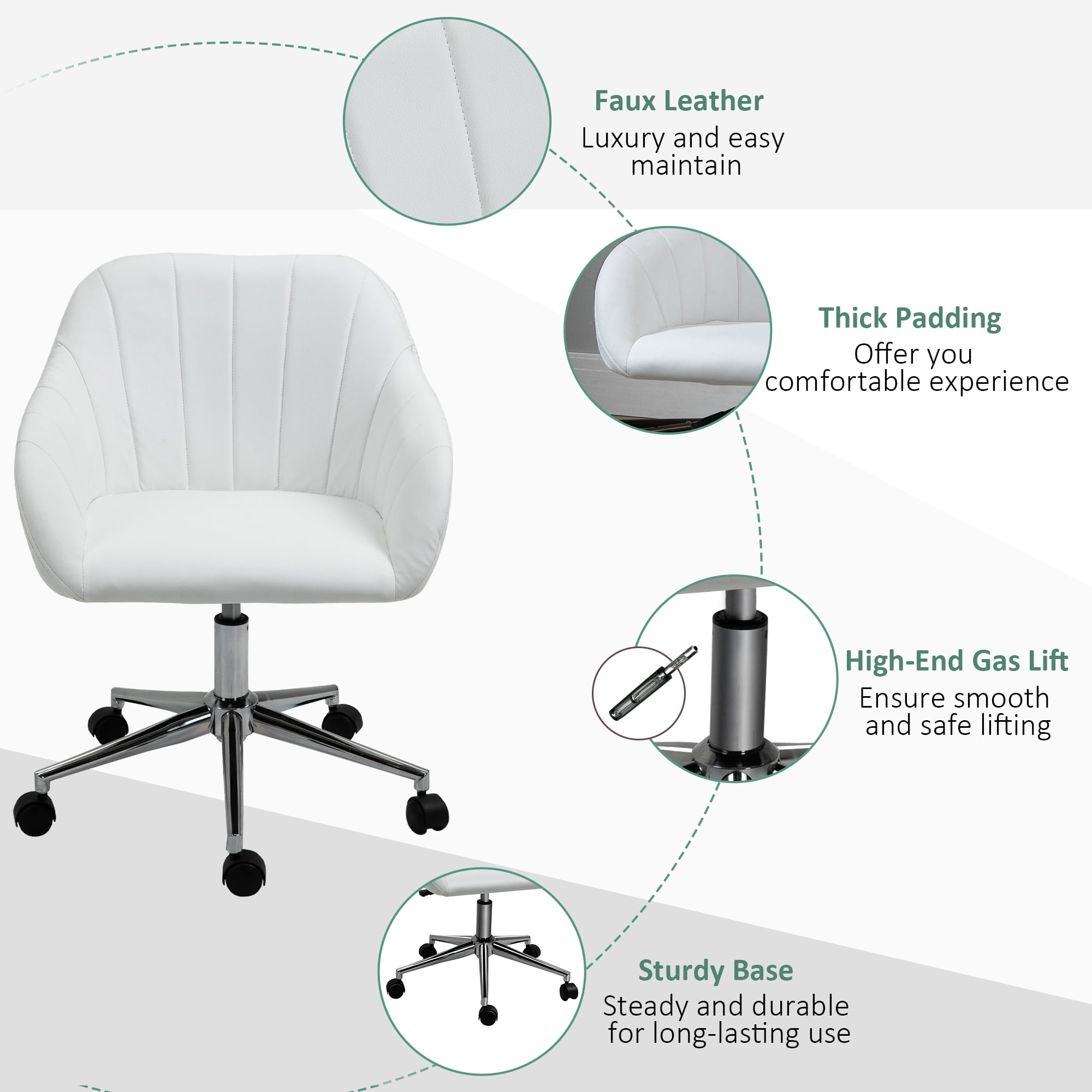 White Faux Leather Office Chair with Adjustable Height and Swivel Wheels
