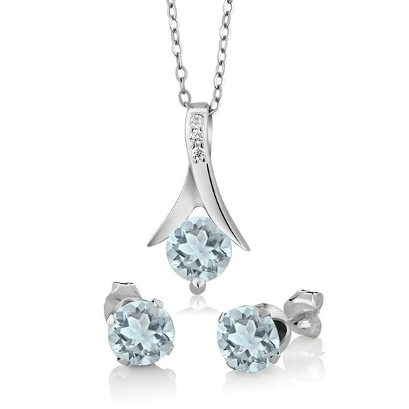 Gem Stone King 2.25 Ct Round Aquamarine 925 Sterling Silver Pendant and Earrings Jewelry Set 18 inches Chain