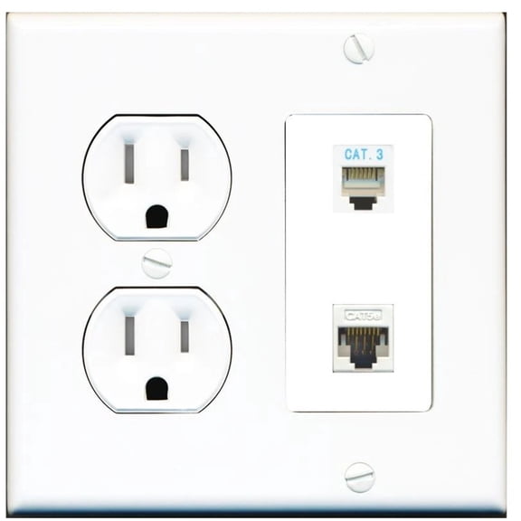 Ultra Spec Cables 1 Port Phone 1 Cat5e Ethernet Wall Plate w/Tamper Resistant Power Outlet