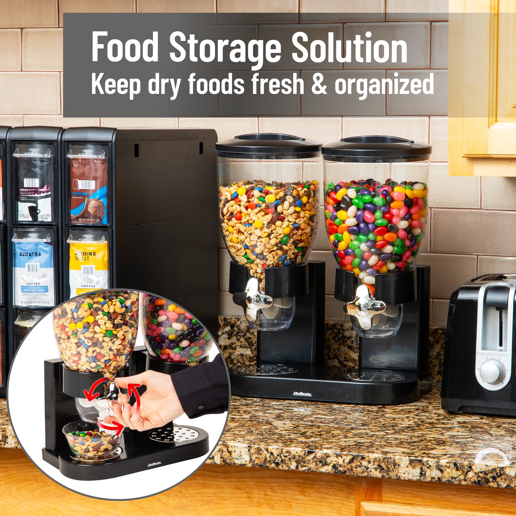 Mind Reader Double Dry Food Dispenser, 2 x 3.5L Countertop Containers for Cereal, Granola, Candy, Rice, and Coffee Beans, Black