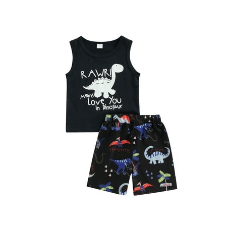 

Canrulo 2pcs Infant Baby Boys Casual Clothes Cartoon Dinosaur Printed Sleeveless Vest Tops Shorts Sets Navy Blue 6-12 Months