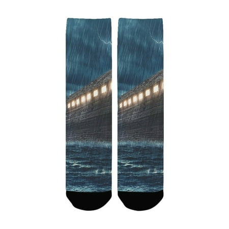 

Lake House Decor Old Nostalgic Wooden Boat Ship during a Rain and Lightning Storm Scary Dramatic Sce Women s Custom Socks (Made In USA)