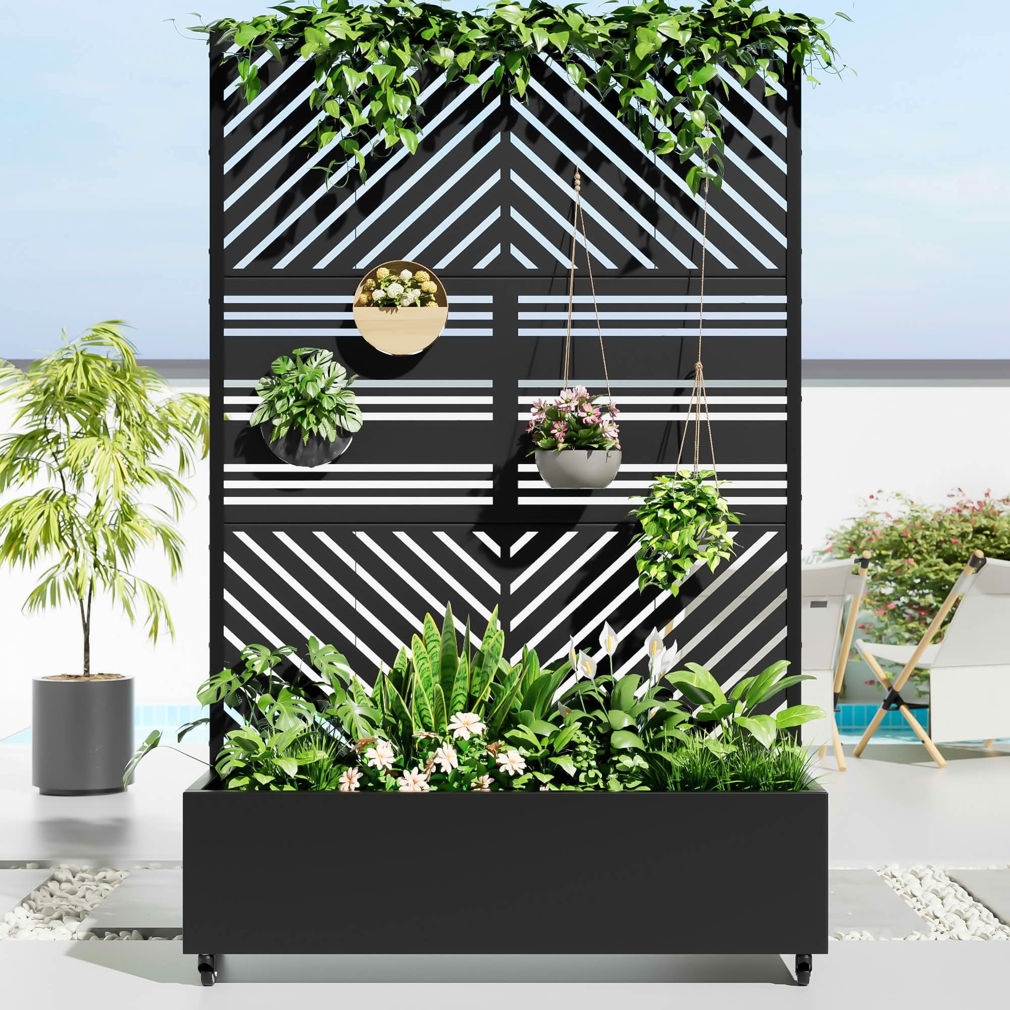 MAYEERTY 72x47x16 Inch Black Metal Planter Box with Trellis for Outdoor Garden & Patio