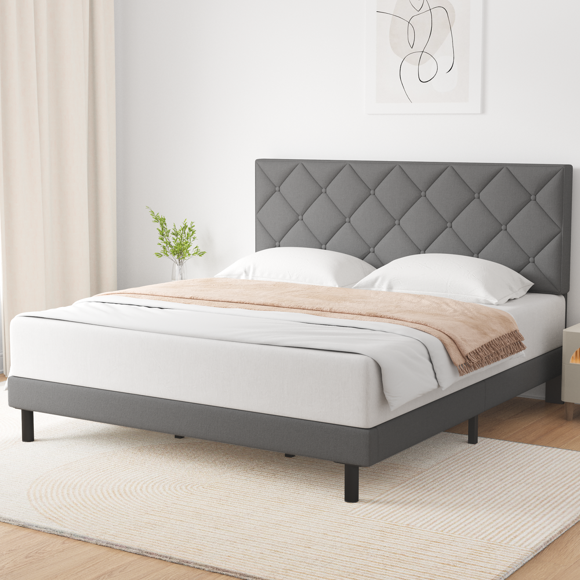 King Bed Frame, HAIIDE King Size bed Frame with Fabric Upholstered Headboard,light Grey, Easy Assembly - image 2 of 7