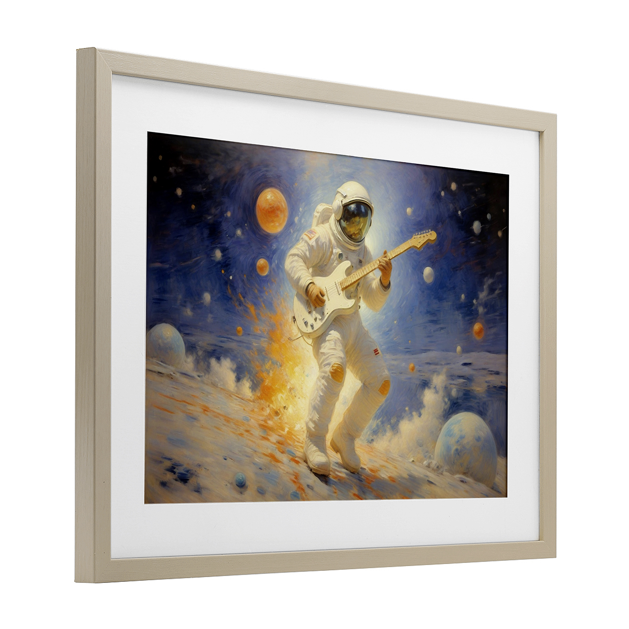 Space Astronaut Musician Birch Framed Print Under Glass, design by Angie Hawke
