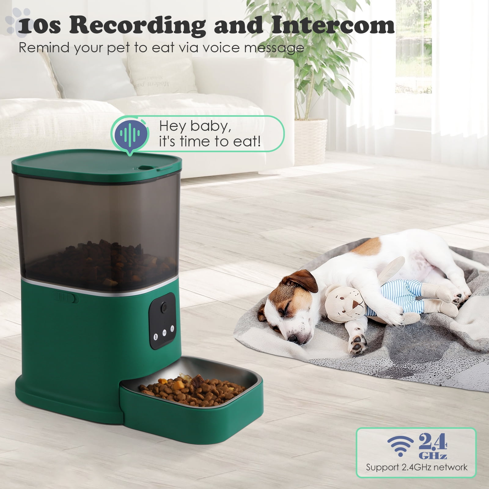 Automatic Pet Feeder with Camera, 2.4G WiFi APP Control, Timed Feeding, 6L Capacity for Cats and Dogs, Green