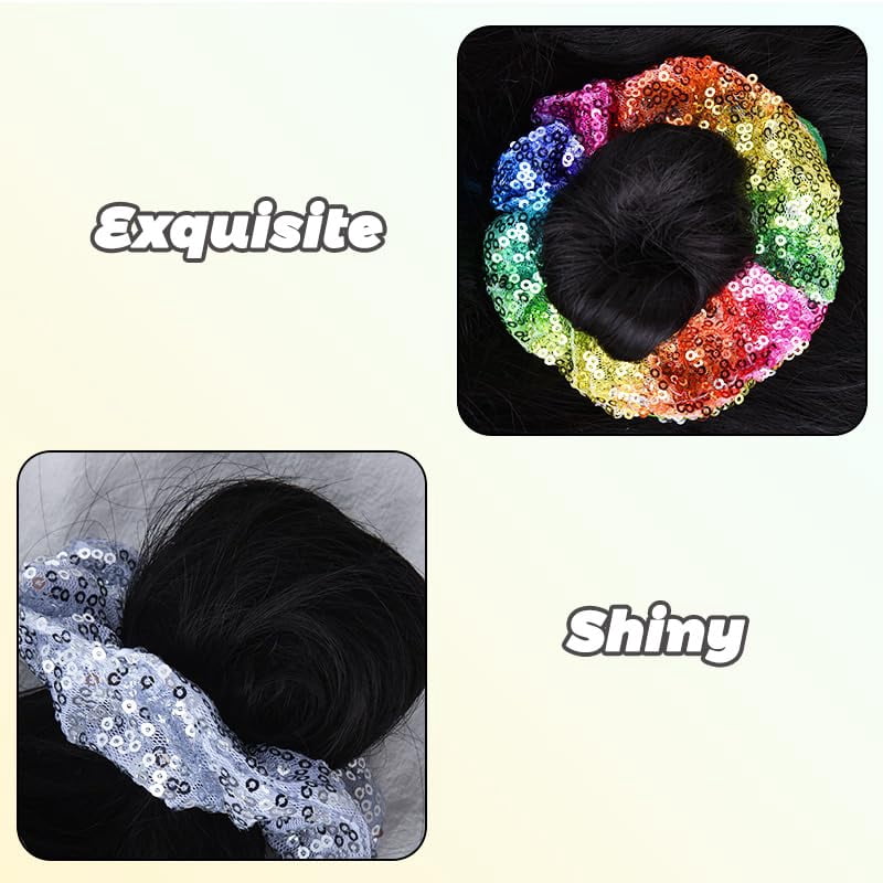 -Silver Sequins Scrunchies Disco Party Accessories for Women Girls Disco Hair Ties for Thick Thin Hair Sparkly Accessories for Dance Party Glitter Cheer Stuff for Cheerleaders Cheer Scrunchie 2