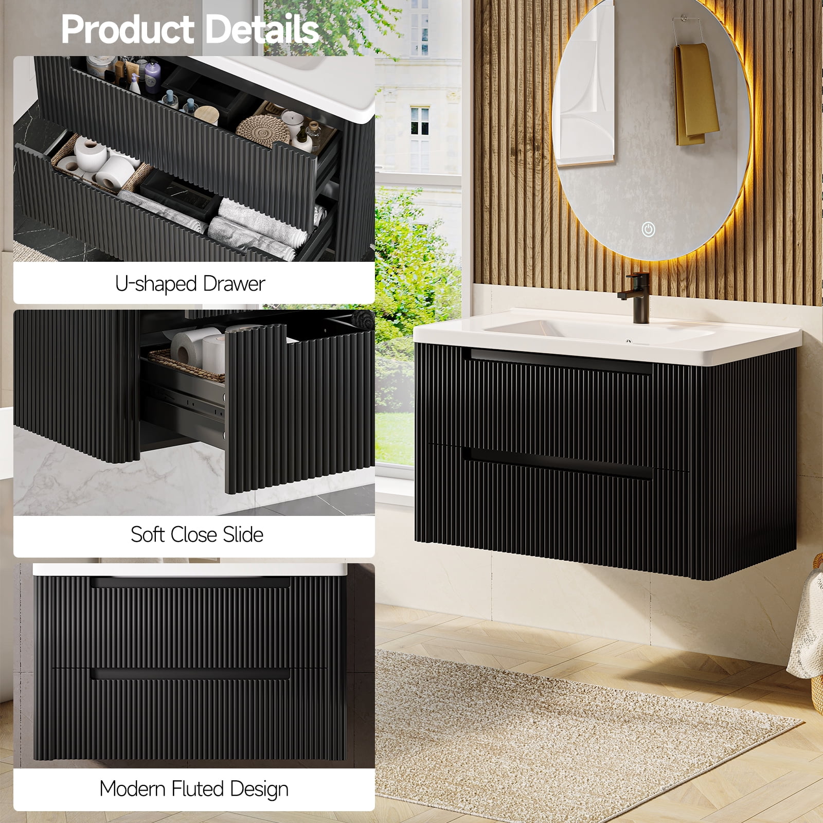 ROGALIS 36" Modern Bathroom Vanity, 2-Drawer, glossy resin Sink, Fluted Design,Black