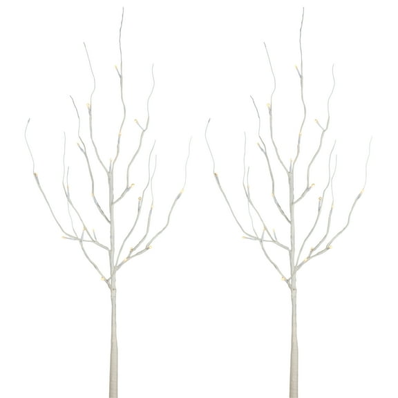 Gerson Set of 2, 39.76-Inch Tall Battery-Operated LED-Illuminated White PVC Wrapped City Branch with Timer Feature