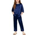 thumbnail image 2 of BRGZLK Girls Homewear Set Solid Color Soft Comfy Imitation Silk Long Sleeve Round Neck Top Shirt and Long Pants Loungwear Two Pieces Set Navy 9-10 Years, 2 of 5