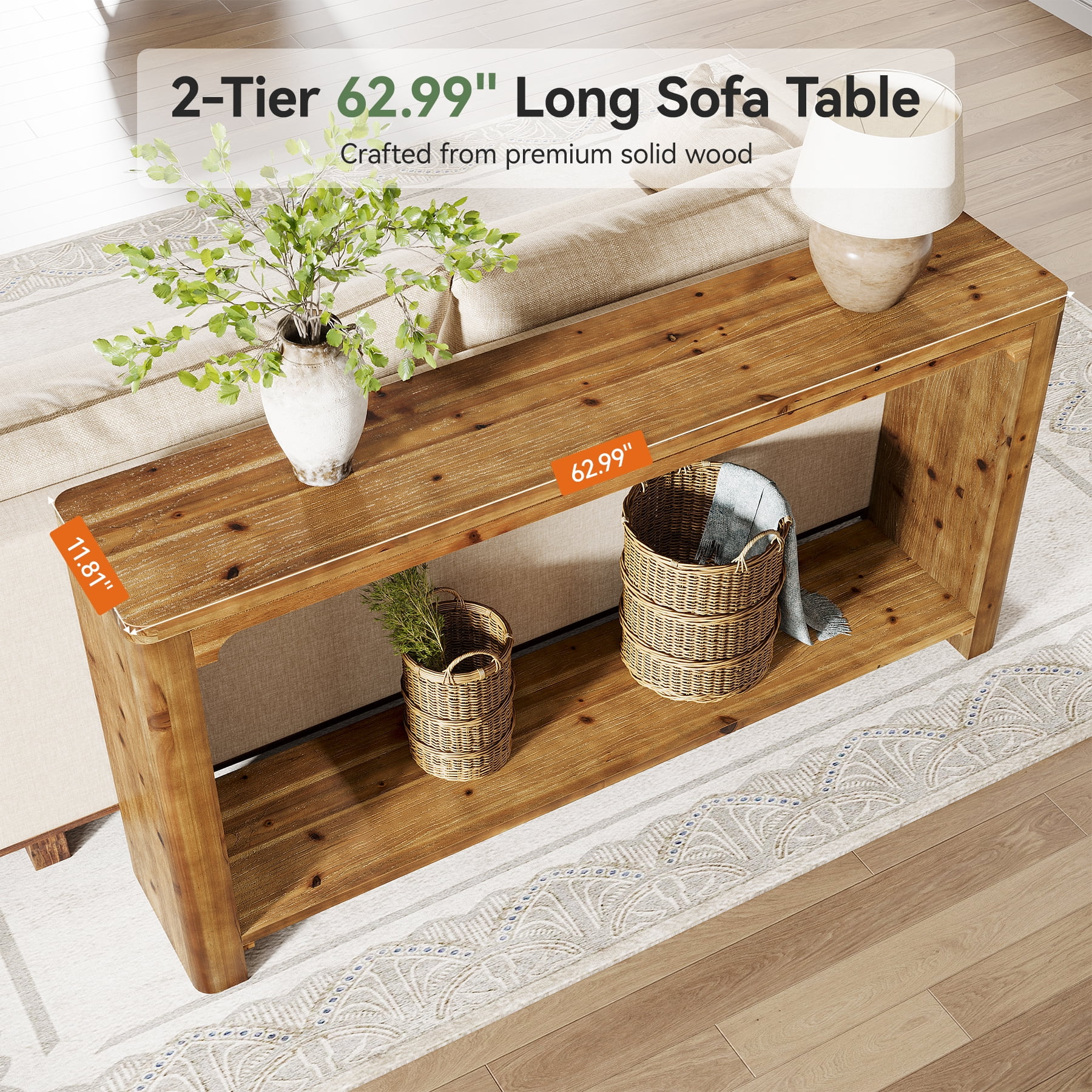 TRIBEWOOD 63" Solid Wood Console Table, Farmhouse Entryway Table for Living Room
