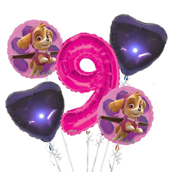 Paw Patrol Girl Balloon Bouquet 9th Birthday 5 pcs - Party Supplies