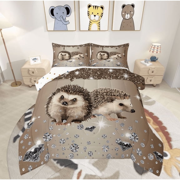 Hedgehog Comforter Set Beige Brown Sequin Fluid Art Down Comforter,Crystal Diamond Twin Bedding Sets,Animal Duvet Set Jungle Wildlife Room Decor