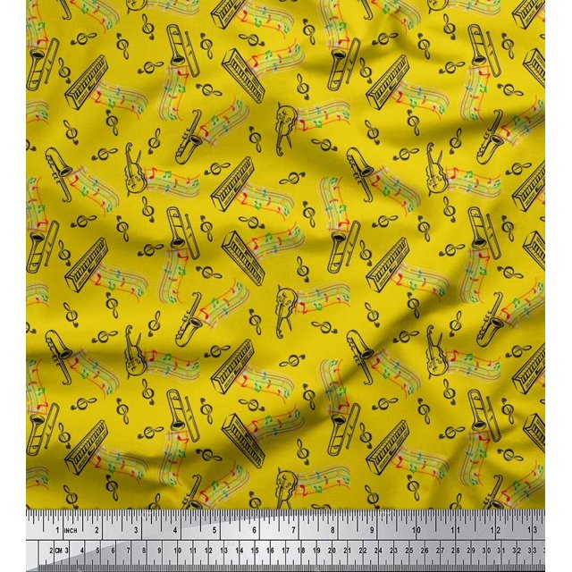 Soimoi Georgette Viscose Tissu Notes, Piano & Guitare Instrument de Musique Décor Tissu Imprimé Yard 42 Pouces de Large