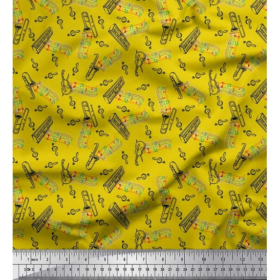 Soimoi Crepe Silk Fabric Notes,Piano & Guitar Musical Instrument Print Fabric by The Yard 42 Inch Wide