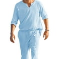 thumbnail image 3 of Michellecmm Men's Cotton Linen Clothes Solid Color Long Sleeve Henley Shirt + Elastic Waist Drawstring Pants 2 Pieces Loungewear Set, 3 of 4