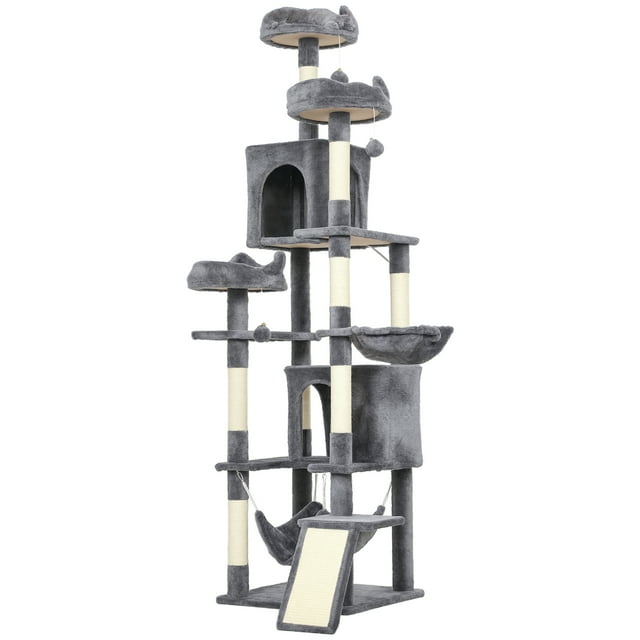 CoSoTower 76" Large Cat Tree for Indoor Cats with 8 Scratching Posts, 3 Plush Beds, 2 Hammocks, 2 Large Condos, Ramp, Dark Grey