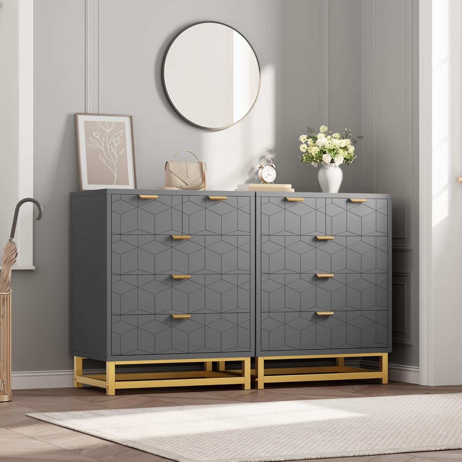 Modern 5-Drawer Dresser with Gold Metal Legs, Grey Stylish Storage Chest for Bedroom, Closet or Living Room