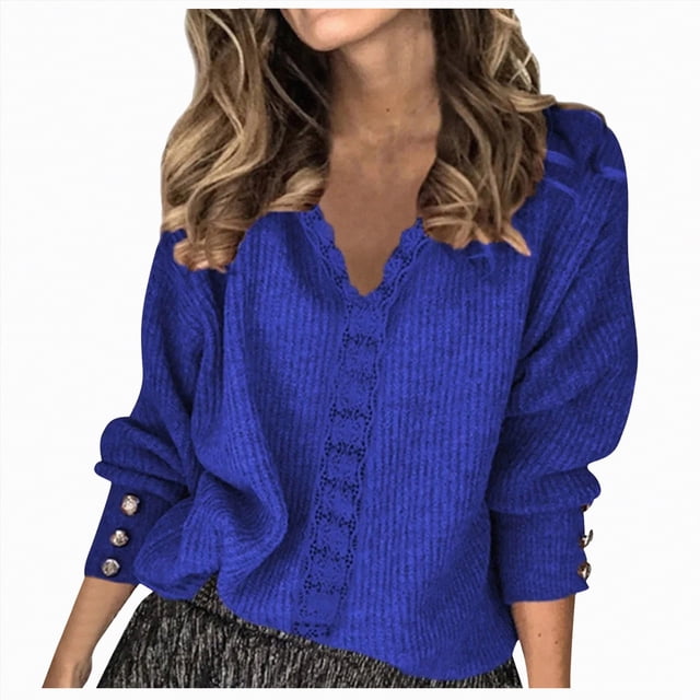 Splozh Womens Fall Sweaters Long Sleeve Women Solid Color V Neck Lace Stitching Buttons Long Sleeves Sweater Blue,M