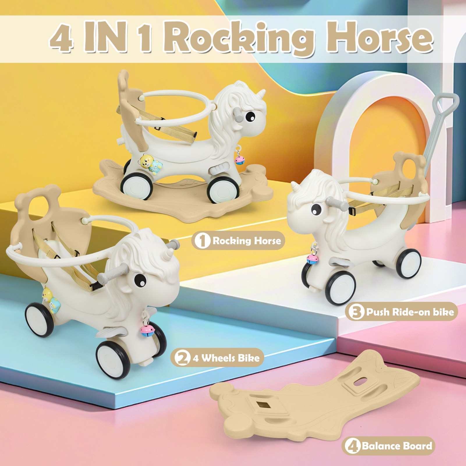 Wdmiya 4 in 1 Rocking Horse for Toddlers 1-3 Years Old, Baby Unicorn Rocking Toy Birthday Gift for Boy and Girl, Ride on Toy with Detachable Balance Board，Balance Bike with Push Handle, Khaki