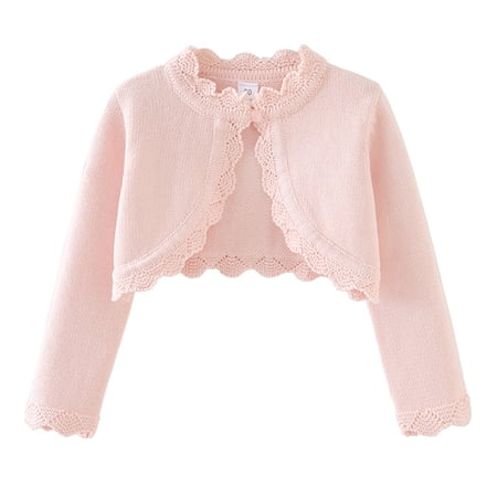 GiLiling Toddler Girls Knit Open Front Shrug Long Sleeve Lace Bolero Cardigan Sweater with Button Closure Dress Cover Up Jacket (Pink 7-8 Years)
