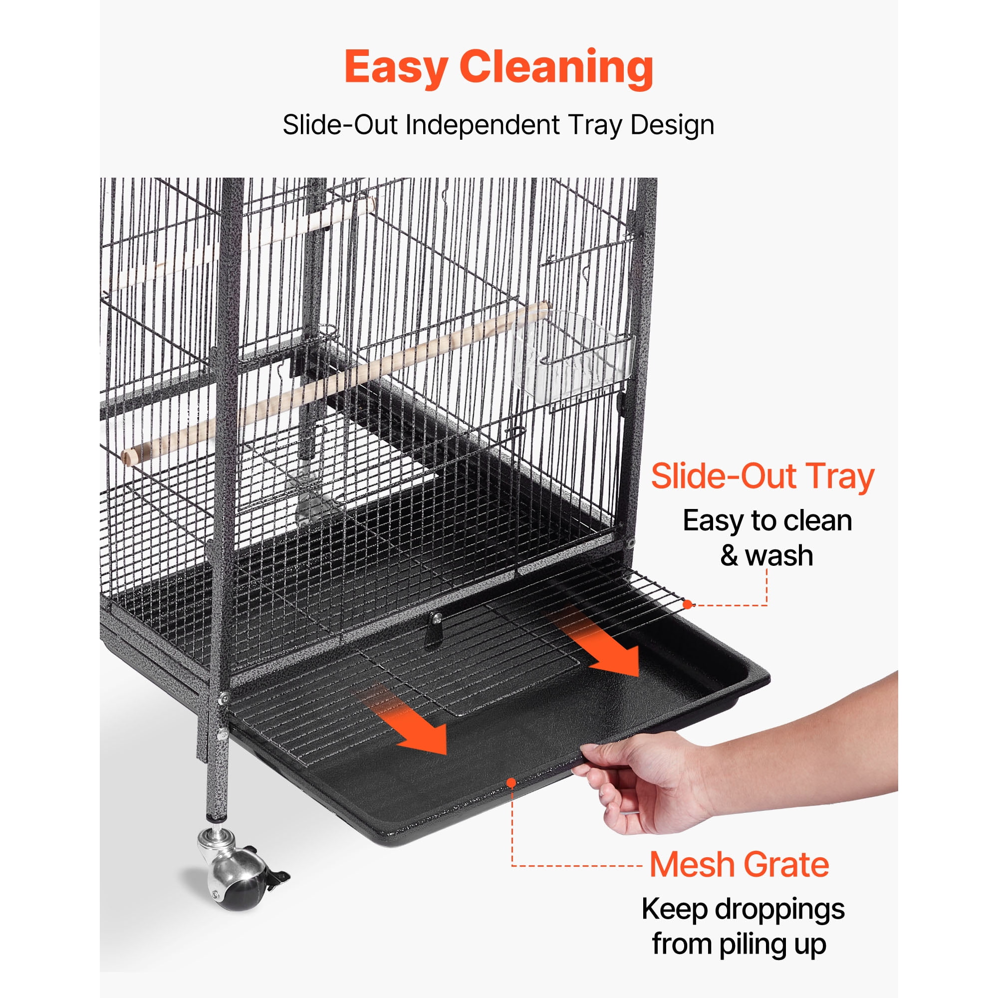 KFFKFF Bird Cage, 18 x 18 x 30 inch, Open Flat Top Design, Durable Wrought Iron Construction with Perches, Removable Tray, Feeders, and Wheels, Suitable for Parrots, Blue Tits, Cockatiels, Canaries