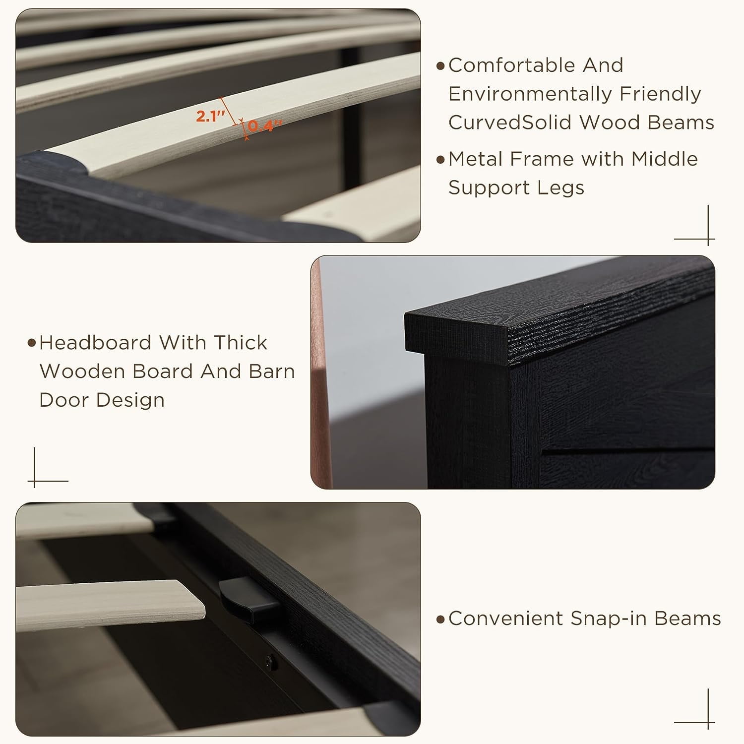 T4TREAM Farmhouse Black Queen Size Platform Bed Frame with Headboard and 3 Barn Door Storage Cabinets, No Box Spring Needed, Mattress Not Included