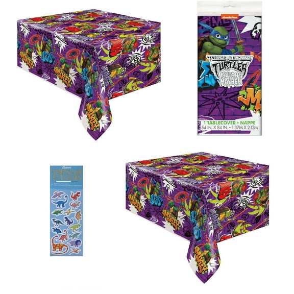 TMNT Teenage Mutant Ninja Turtles Birthday Party Supplies Bundle Pack Includes 2 Plastic Table Covers and 1 Dinosaur Sticker Sheet