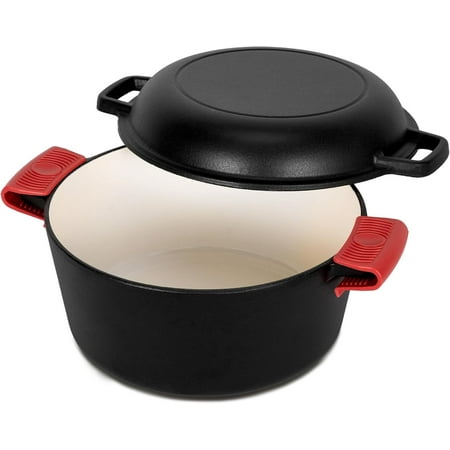

5QT Enameled Cast Iron Dutch Oven Pot with Skillet Lid for Bread Baking Cooking BBQ 2-in-1 Non Stick Enamel Coated Cookware Oven Safe up to 500° F (Black)