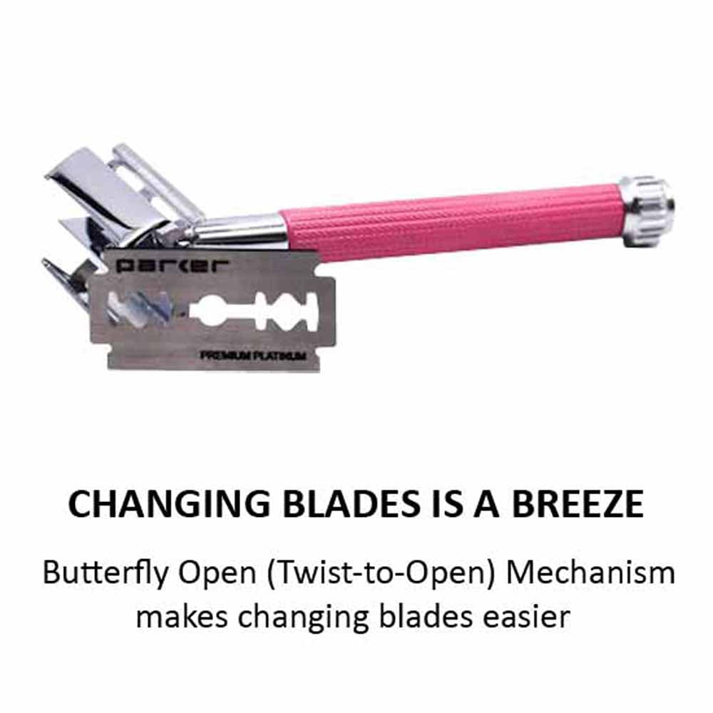 Parker Safety Razor 29L Long Handle Butterfly Open Double Edge Safety Razor & 5 Parker Blades - Pink