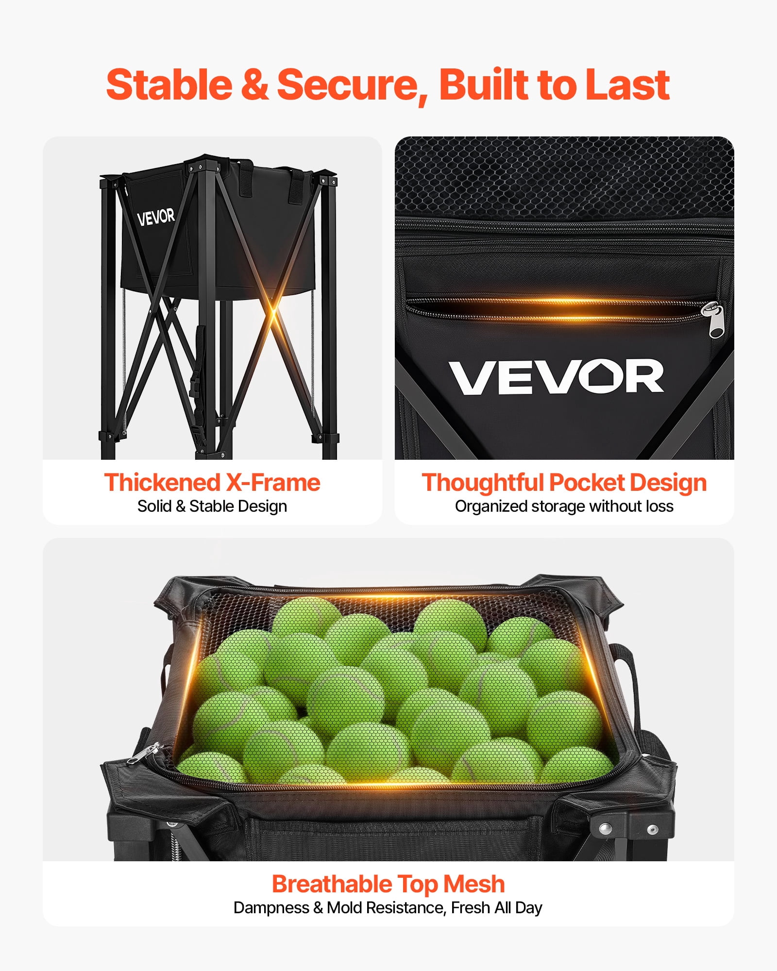 VEVOR Tennis Ball Hopper, Holds 120 Tennis Balls, Foldable Pickleball Basket Cart with Wheels for Easy Pick Up, Lightweight Aluminum Alloy, Portable Pickleball Caddy with Storage Bag, for Training