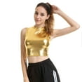 thumbnail image 2 of SWSMCLT Women's Metallic Shirt Soft Stretch Workout Crop Tank Top High Neck Fitted Fashion Dance Halter Sleeveless Cropped Top Golden X-Small, 2 of 4