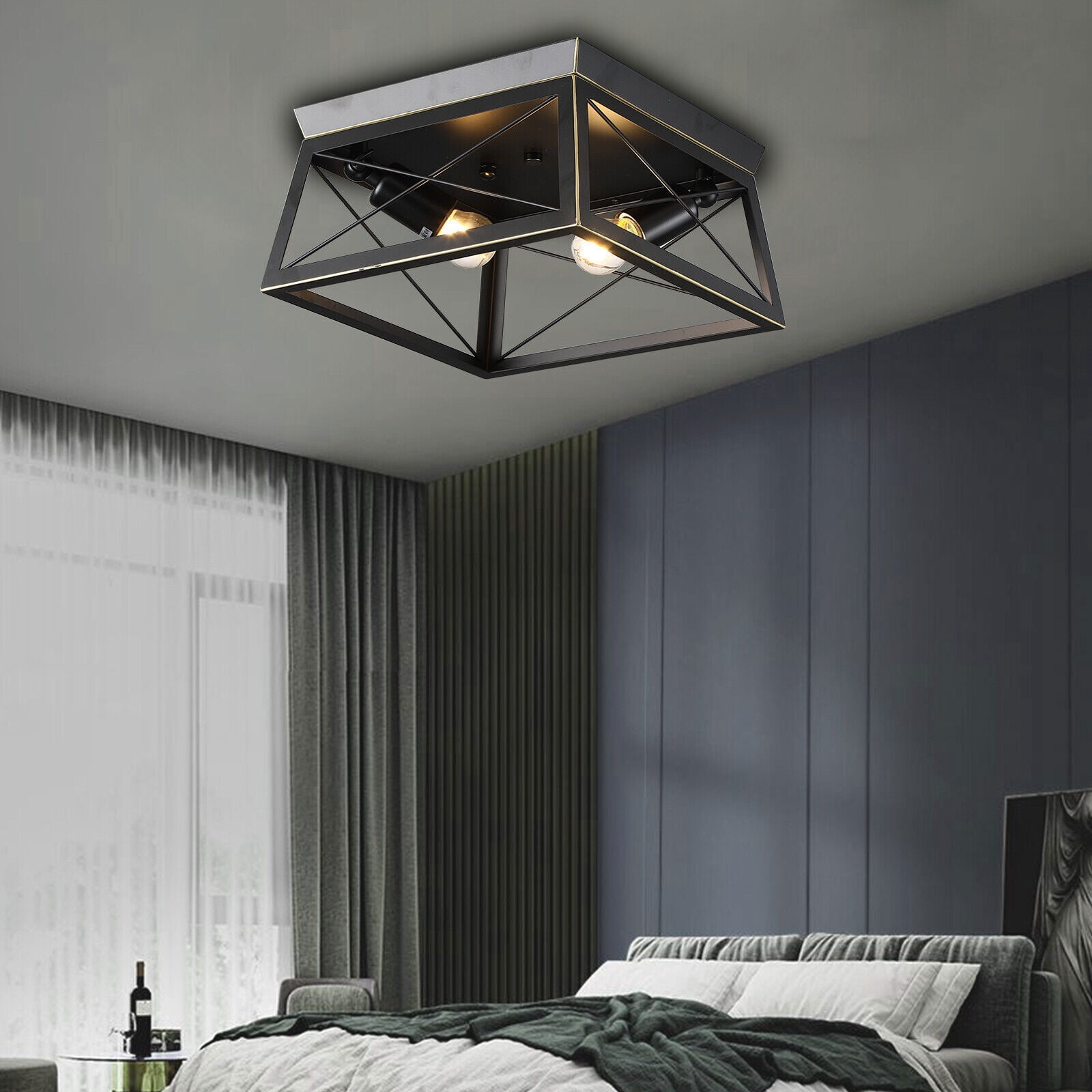 Industrial Ceiling Lighting Fixtures Metal Black Farmhouse Flush Mount Vintage Ceiling Lamp Classic Retro Close to Ceiling Lights 2-Light for Hallway Kitchen Island Dining Room Home Decor