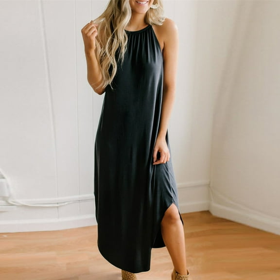 USSUMA Dresses for Women 2025 Casual Spring Womens Dresses Sleeveless Crew Neck Casual Solid Color Split Camisole Maxi Dress Elegant Skirt Lightweight Dresses Daily Wear Black Dress Size-M