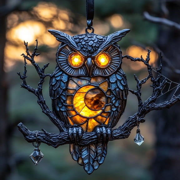 Mystical Owl On Branch Acrylic Suncatcher – Faux Stained Glass Window Hanging With Glowing Eyes, Lantern Charm And Boho Nature Decor