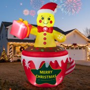 7.2ft Inflatable Hot Cocoa Mug with Gingerbread Man & LED Lights, Christmas Blow Up Outdoor Yard Decoration for Lawn Garden Holiday Party