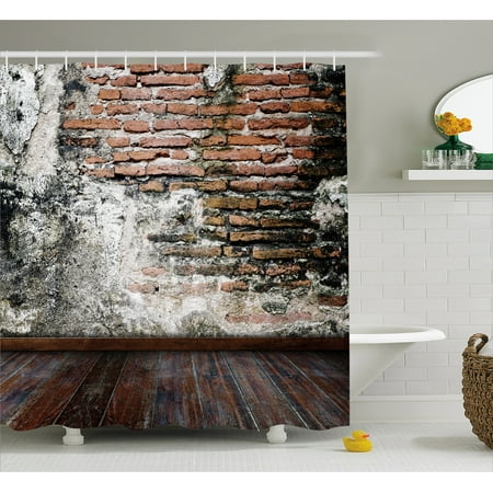 - Rustic Shower Curtain, Worn Looking Wall Photograph with Wooden Floors Ancient Building Structure, Fabric Bathroom Set with Hooks, 69W X 75L Inches Long, Cinnamon Black White, by Ambesonne