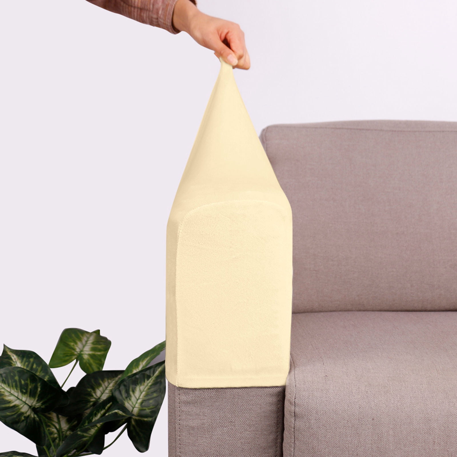 Velvet Couch Arm Cover, Stretch Armrest Covers Washable Armchair Slipcover for Recliner Sofa Soft Furniture Protector for Living Room-Beige-2 pcs