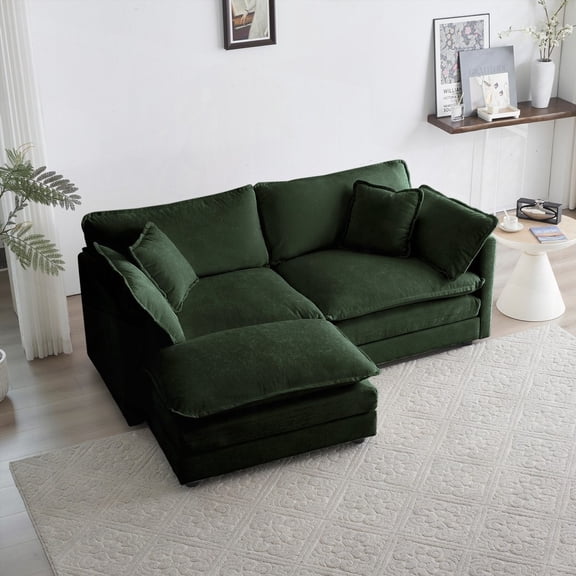 Green Chenille 2-Seater Sofa with Footrest & Ottoman for Small Living Spaces