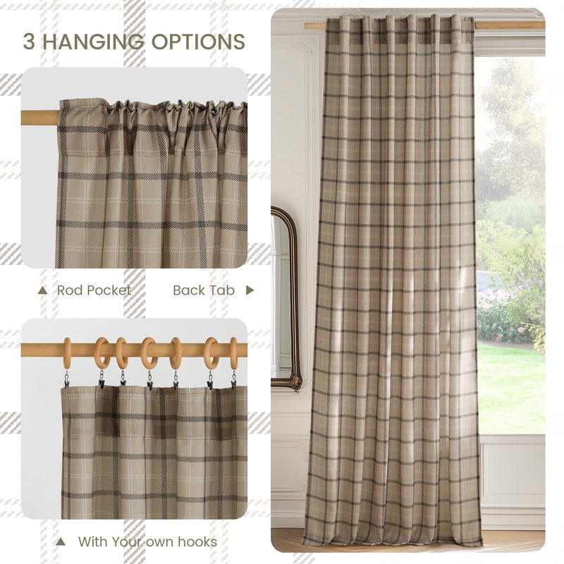 NICETOWN Linen Plaid Curtains for Living Room, Check Light Filtering Privacy Semi Sheer Linen Curtains Rod Pocket Back Tab Farmhouse Country Style Drapes, Light Greige, 52"x84", 2 Panels