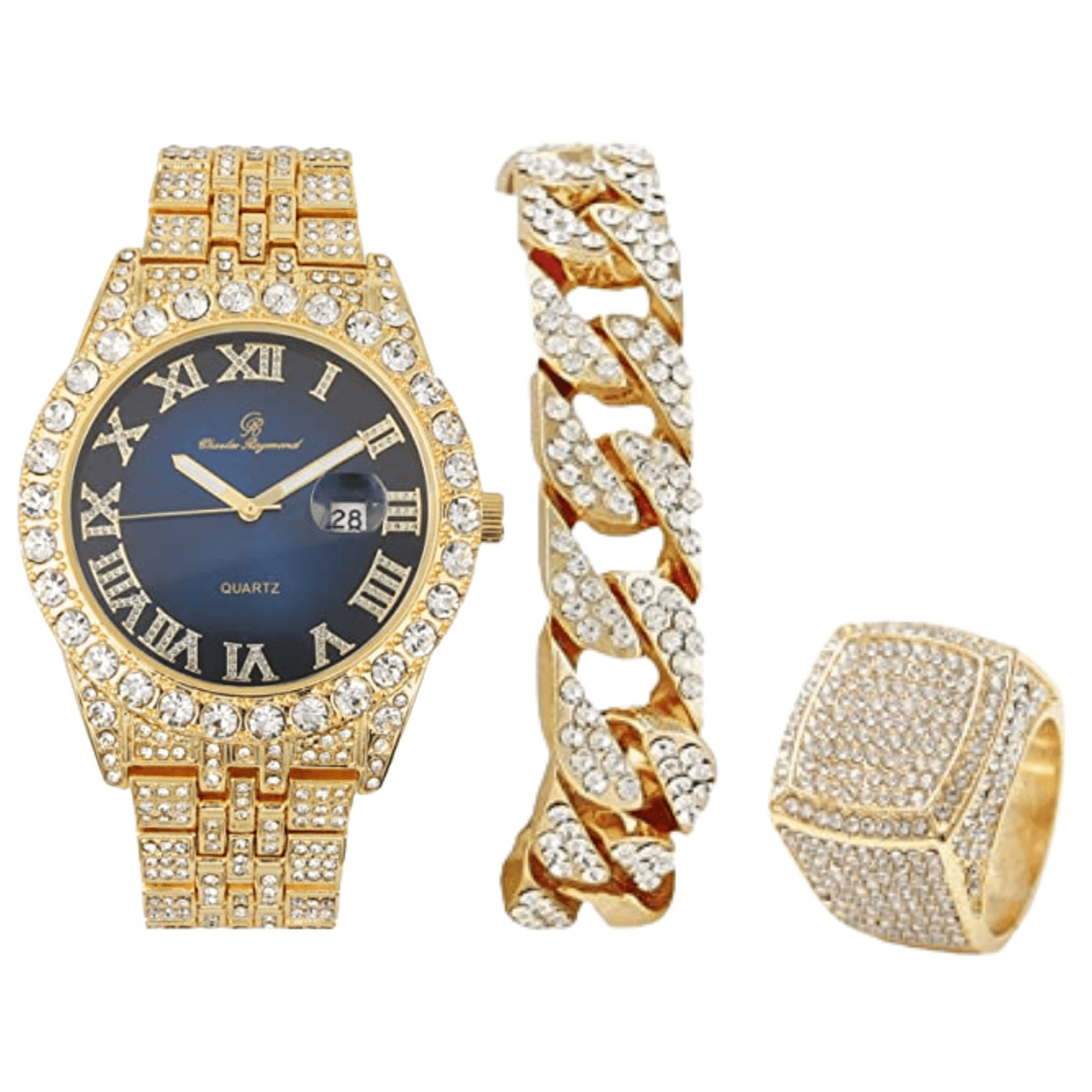 Charles Raymond Fully Iced Out Crystal Diamond Mens Watch w/Easy Read Date and w/Roman Numerals - Combo with Designer Hip Hop Blinged Out Bracelet and Ring- ST10226RND Gold Navy, 10