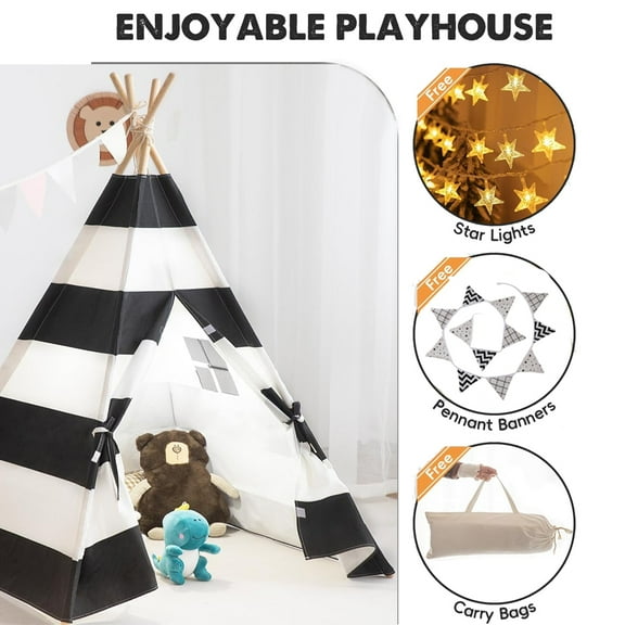 Yolispa Kids Teepee, Kid Play Tent with String Lights and Banner, Portable Canvas Playhouse for Indoor Outdoor, Childrens Tent Foldable Play Tent Toys (Black & White Stripe)