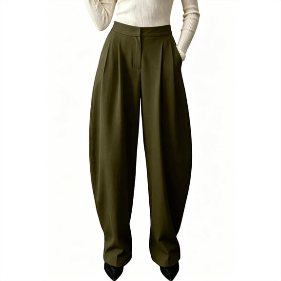 Risckoth Women's High Waist Pleated Barrel Suit Pants, Solid Business Casual Tapered Trousers S-2XL