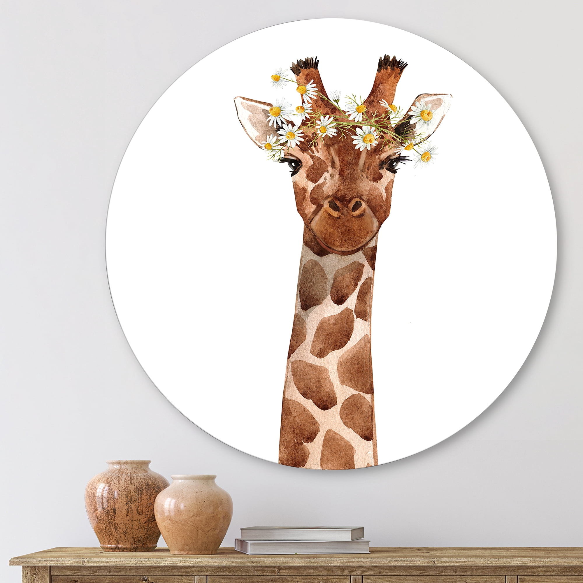 Designart 'Portrait of A Giraffe With White Flowers' Farmhouse Circle Metal Wall Art 23x23 - Disc of 23