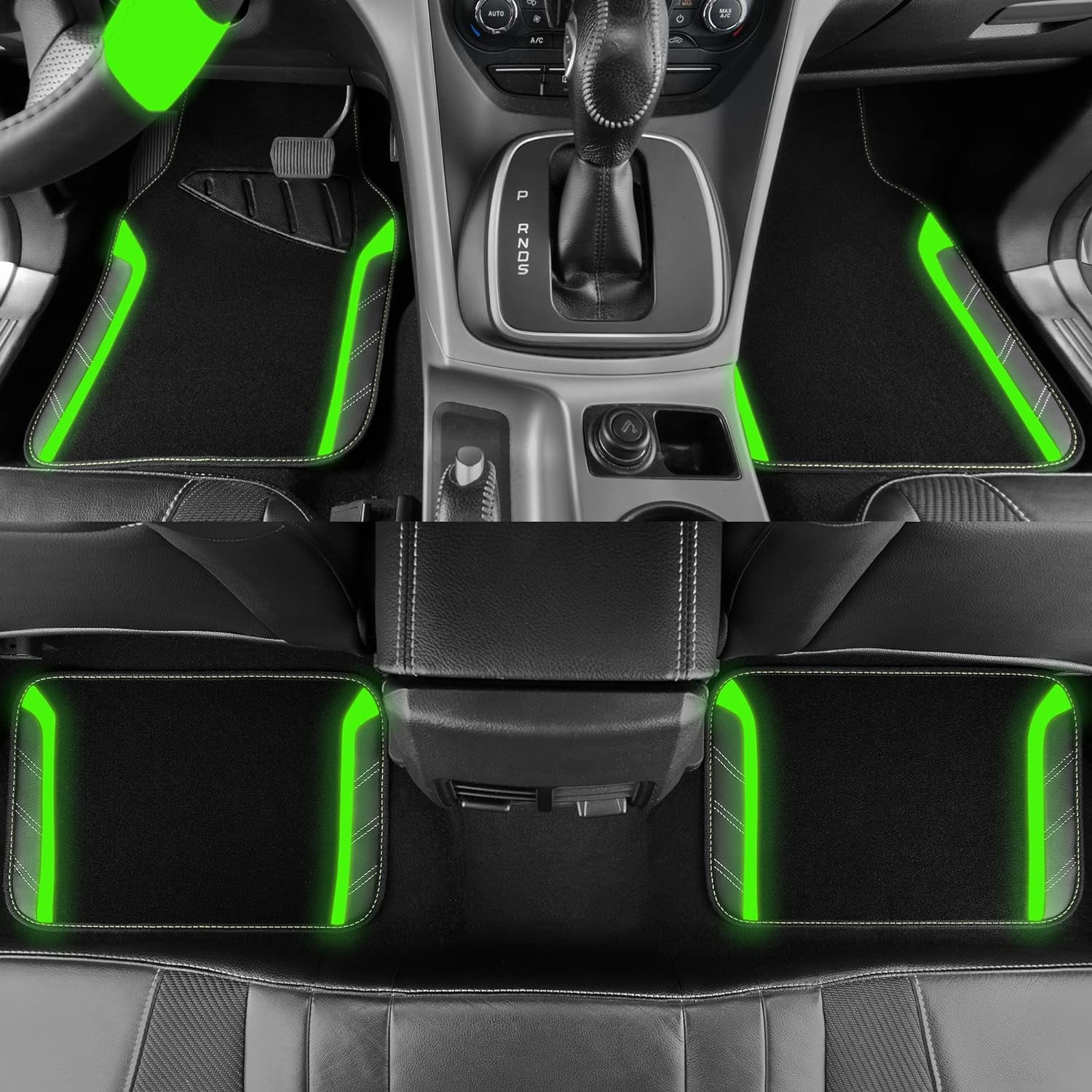 CAR GRAND Leather Steering Wheel Cover and Waterproof Car Floor Mats,Microfiber Universal Car Combo Fit for Sedan,SUV,Cars,14.5-15inch Sporty Anti-Slip Comfortable Design(Black＆Fluorescence Green)