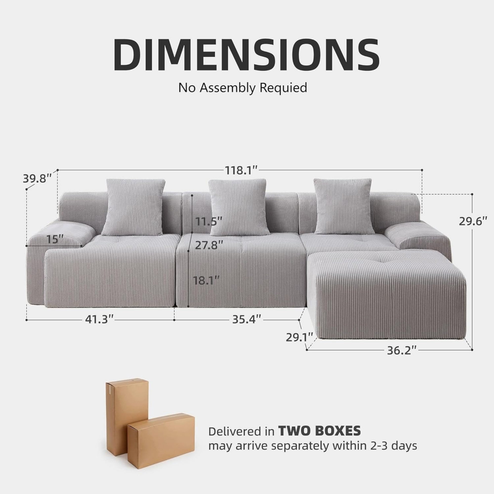 Sailvan 118"" Modern L-Shaped Modular Sectional Sofa, Corduroy Boneless Cloud Couch with Deep Seat and Moveable Ottoman, No Assembly Required