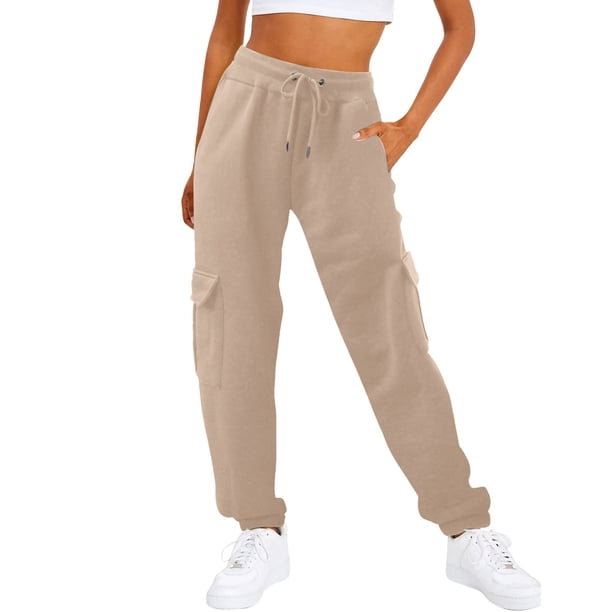 Gibobby Pantalones para mujer Pantalones de mujer diarios para el al libre con cintura elástica y bolsillos laterales, pantalones de entrenamiento informales(Caqui,XG)