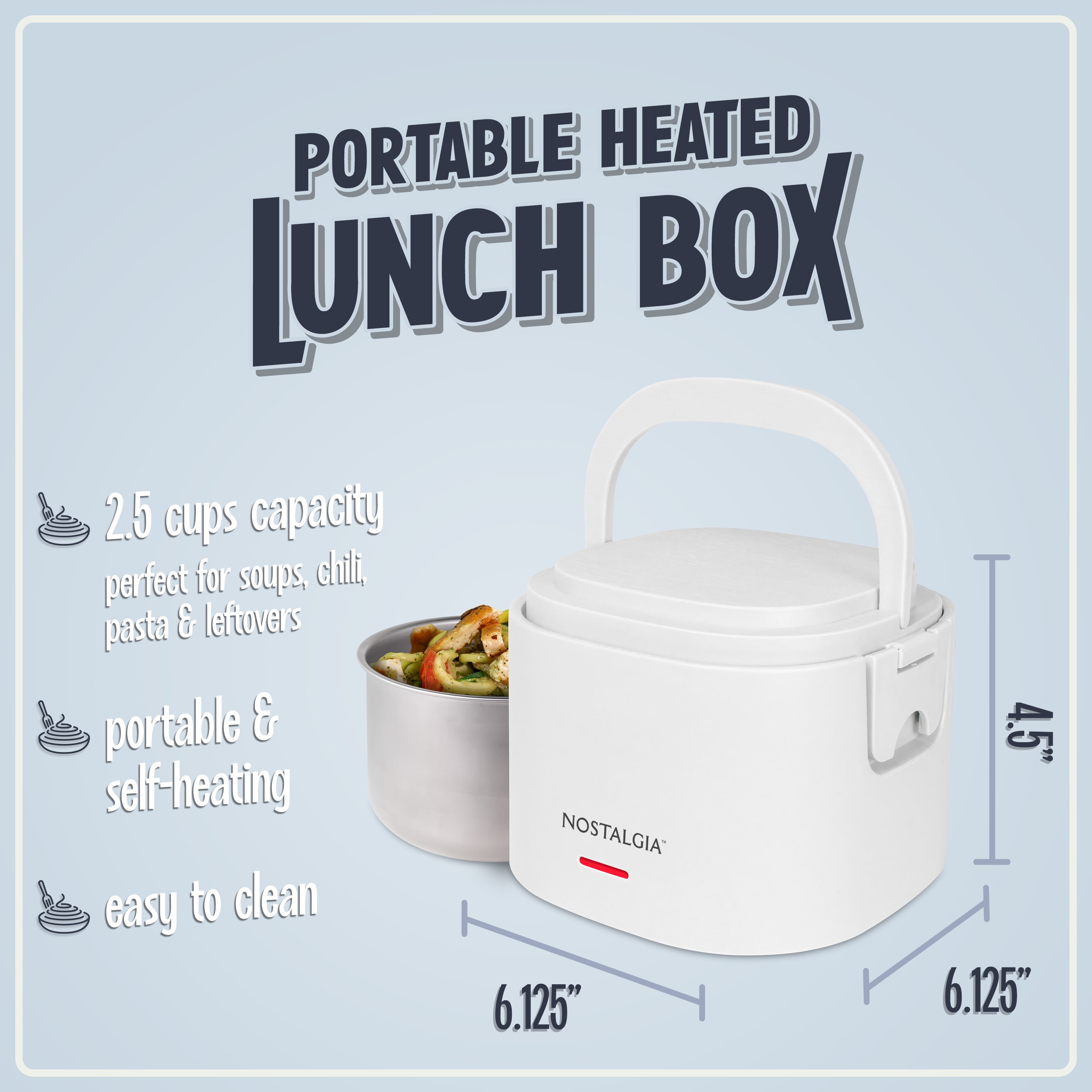 Nostalgia 20 oz Portable Heated Lunch Box with Stainless Steel Lunch Container, White